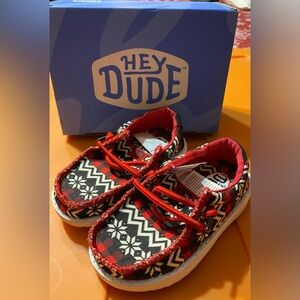 Hey Dude Kids' Wally T Ugly Sweater Moccasins in Red and Black Pattern